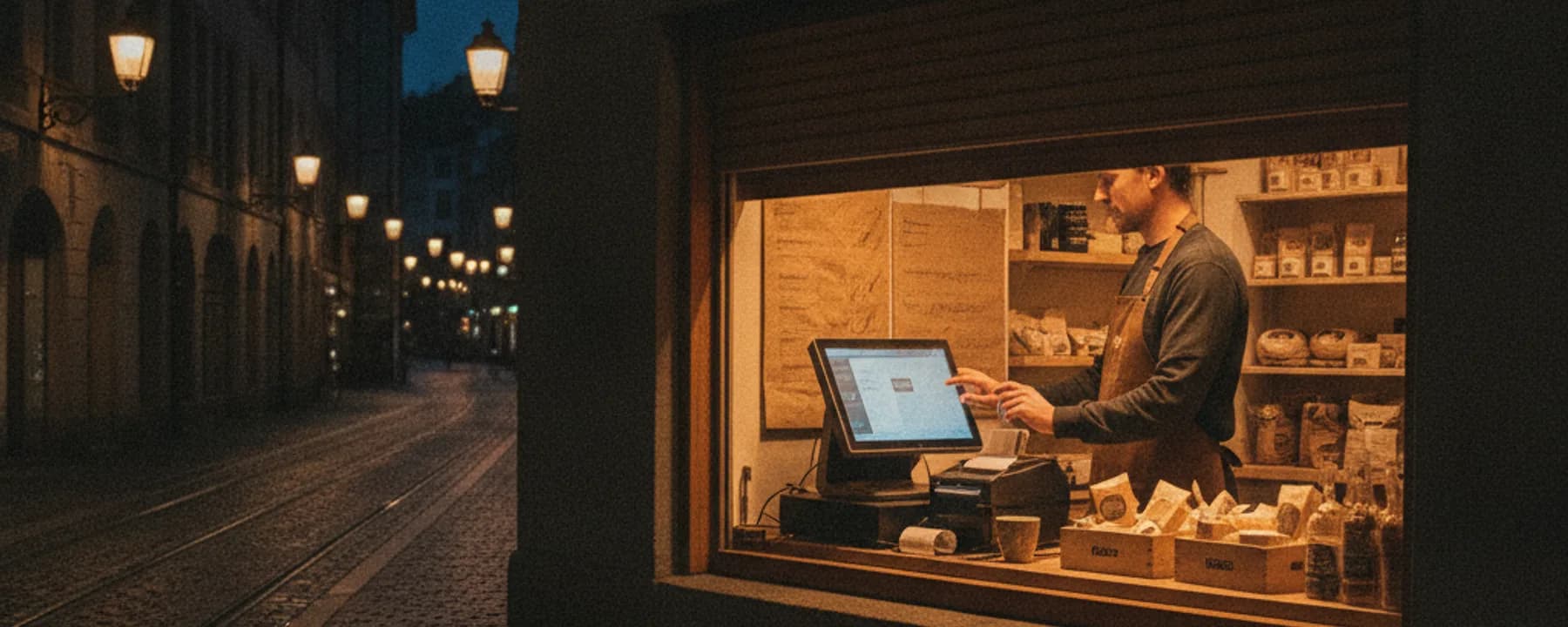 Beleuchtetes Schaufenster mit Kassenterminal am Abend