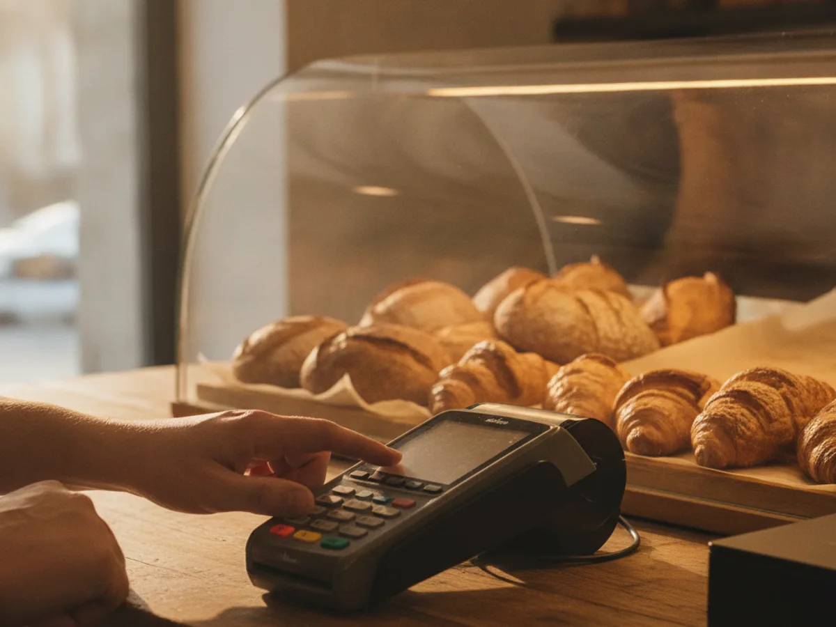 Bäckereitheke mit Kassenterminal und frischem Gebäck