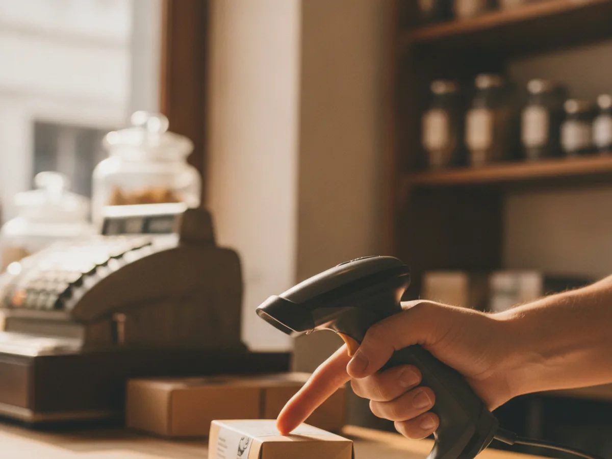 Barcode wird an der Ladenkasse gescannt