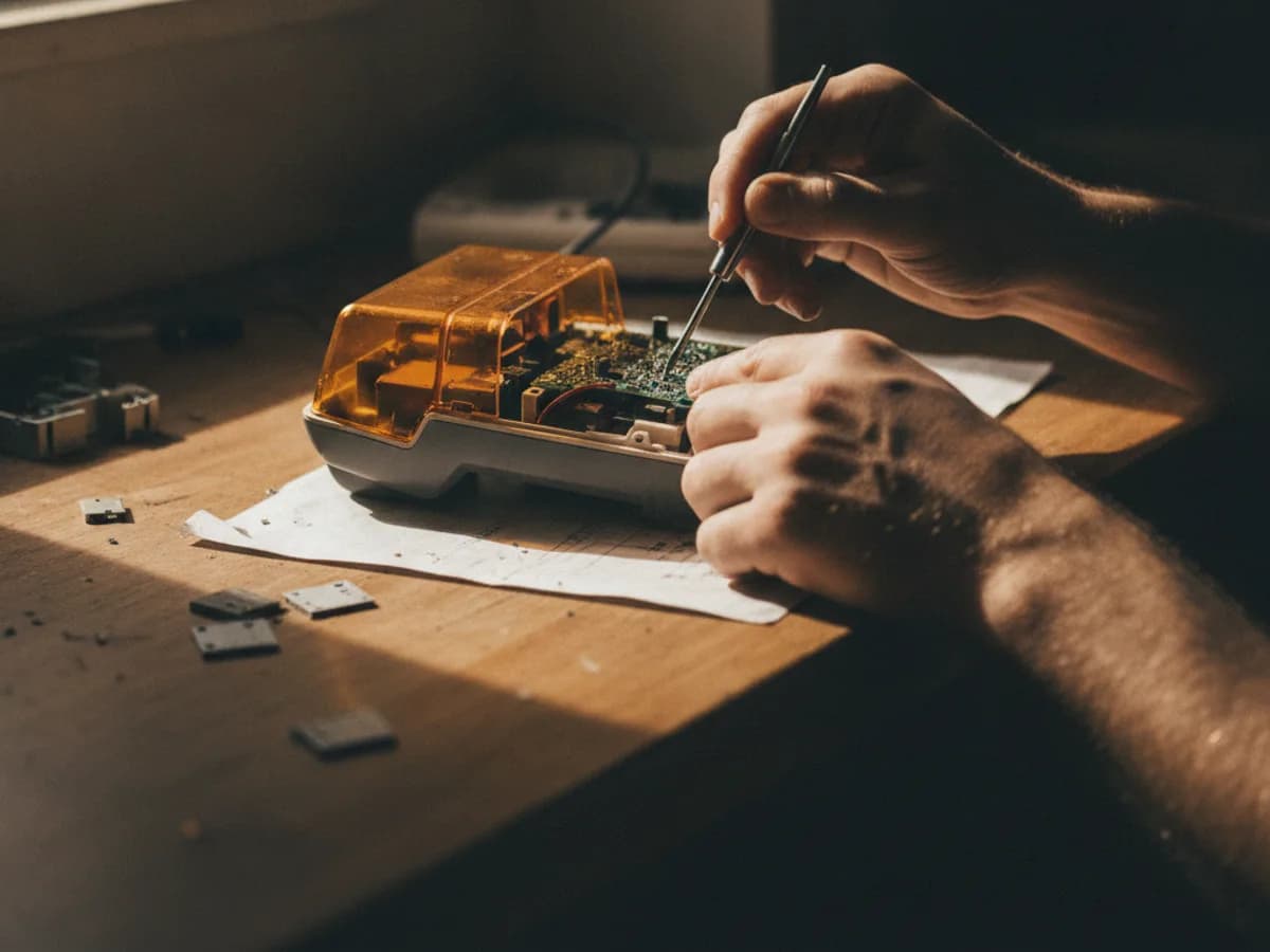 Hände bei der Reparatur eines Kassenterminals in der Werkstatt
